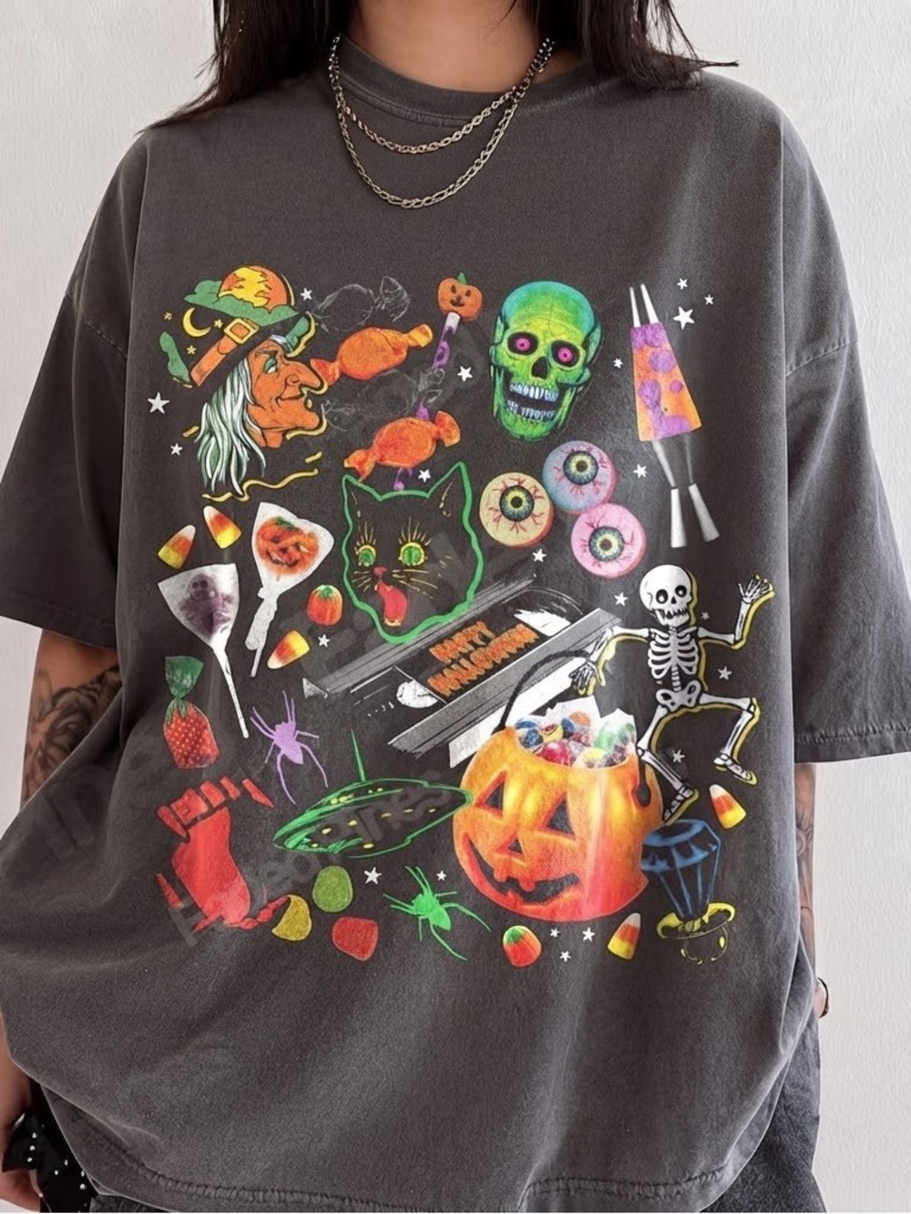 Vintage Black Halloween Candy & Spooky Icons Tee
